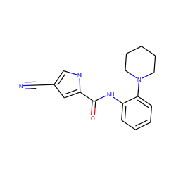 N#Cc1c[nH]c(C(=O)Nc2ccccc2N2CCCCC2)c1 ZINC000028960942