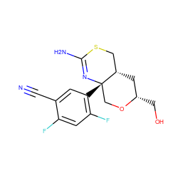 N#Cc1cc([C@]23CO[C@@H](CO)C[C@H]2CSC(N)=N3)c(F)cc1F ZINC000147749432