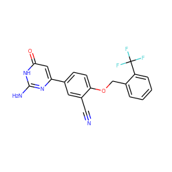 N#Cc1cc(-c2cc(=O)[nH]c(N)n2)ccc1OCc1ccccc1C(F)(F)F ZINC000095584985