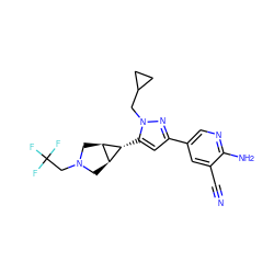 N#Cc1cc(-c2cc([C@@H]3[C@H]4CN(CC(F)(F)F)C[C@H]43)n(CC3CC3)n2)cnc1N ZINC000148067328