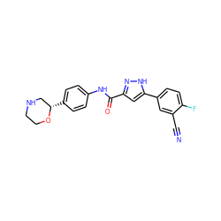 N#Cc1cc(-c2cc(C(=O)Nc3ccc([C@H]4CNCCO4)cc3)n[nH]2)ccc1F ZINC000150252188