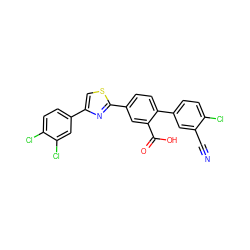N#Cc1cc(-c2ccc(-c3nc(-c4ccc(Cl)c(Cl)c4)cs3)cc2C(=O)O)ccc1Cl ZINC000219597812