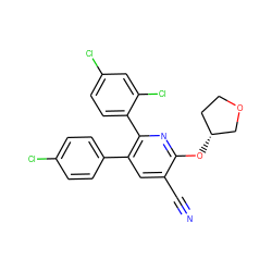 N#Cc1cc(-c2ccc(Cl)cc2)c(-c2ccc(Cl)cc2Cl)nc1O[C@@H]1CCOC1 ZINC000028902949