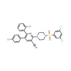 N#Cc1cc(-c2ccc(Cl)cc2)c(-c2ccccc2Cl)nc1N1CCN(S(=O)(=O)c2cc(F)cc(F)c2)CC1 ZINC000028903020