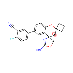 N#Cc1cc(-c2ccc3c(c2)[C@@]2(COC(N)=N2)C2(COC2)C2(CCC2)O3)ccc1F ZINC000149414775