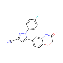 N#Cc1cc(-c2ccc3c(c2)NC(=O)CO3)n(-c2ccc(F)cc2)n1 ZINC000073198155