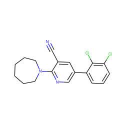 N#Cc1cc(-c2cccc(Cl)c2Cl)cnc1N1CCCCCC1 ZINC000045256860