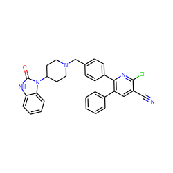 N#Cc1cc(-c2ccccc2)c(-c2ccc(CN3CCC(n4c(=O)[nH]c5ccccc54)CC3)cc2)nc1Cl ZINC000029127015