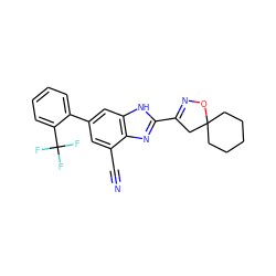 N#Cc1cc(-c2ccccc2C(F)(F)F)cc2[nH]c(C3=NOC4(CCCCC4)C3)nc12 ZINC000066112702