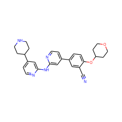 N#Cc1cc(-c2ccnc(Nc3cc(C4CCNCC4)ccn3)c2)ccc1OC1CCOCC1 ZINC000148207898