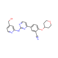 N#Cc1cc(-c2ccnc(Nc3cc(CO)ccn3)n2)ccc1OC1CCOCC1 ZINC000146536147