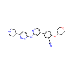 N#Cc1cc(-c2ccnc(Nc3ccc(C4CCNCC4)nn3)c2)ccc1OC1CCOCC1 ZINC000146476626