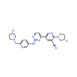 N#Cc1cc(-c2ccnc(Nc3ccc(CN4CC[C@H](F)C4)nc3)n2)cnc1N1CC[C@H](F)C1 ZINC000221031561