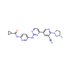 N#Cc1cc(-c2ccnc(Nc3ccc(NC(=O)C4CC4)nc3)n2)cnc1N1CC[C@H](F)C1 ZINC000221323590