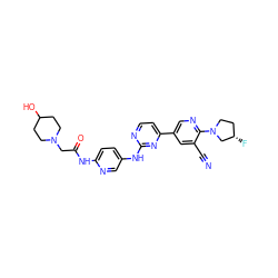 N#Cc1cc(-c2ccnc(Nc3ccc(NC(=O)CN4CCC(O)CC4)nc3)n2)cnc1N1CC[C@H](F)C1 ZINC000221349100