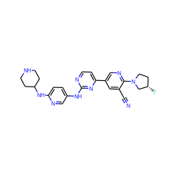 N#Cc1cc(-c2ccnc(Nc3ccc(NC4CCNCC4)nc3)n2)cnc1N1CC[C@H](F)C1 ZINC000221272074