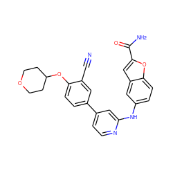 N#Cc1cc(-c2ccnc(Nc3ccc4oc(C(N)=O)cc4c3)c2)ccc1OC1CCOCC1 ZINC000206577105