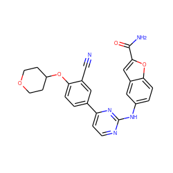 N#Cc1cc(-c2ccnc(Nc3ccc4oc(C(N)=O)cc4c3)n2)ccc1OC1CCOCC1 ZINC000206577167