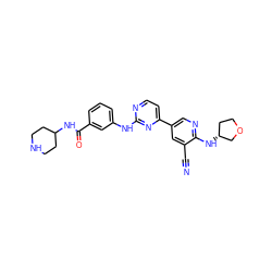 N#Cc1cc(-c2ccnc(Nc3cccc(C(=O)NC4CCNCC4)c3)n2)cnc1N[C@@H]1CCOC1 ZINC000222207533