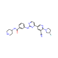 N#Cc1cc(-c2ccnc(Nc3cccc(C(=O)NC4CCNCC4)c3)n2)cnc1N1CC[C@H](F)C1 ZINC000221272154