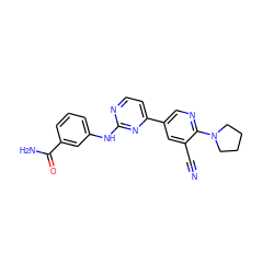 N#Cc1cc(-c2ccnc(Nc3cccc(C(N)=O)c3)n2)cnc1N1CCCC1 ZINC000221244201