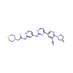 N#Cc1cc(-c2ccnc(Nc3ccnc(NC(=O)CN4CCOCC4)c3)n2)cnc1N1CC[C@@H](F)C1 ZINC000221164795