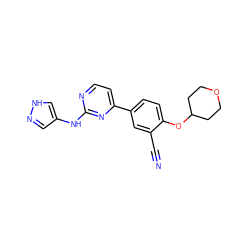 N#Cc1cc(-c2ccnc(Nc3cn[nH]c3)n2)ccc1OC1CCOCC1 ZINC000206646194