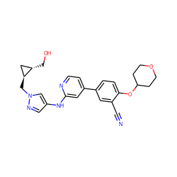 N#Cc1cc(-c2ccnc(Nc3cnn(C[C@H]4C[C@@H]4CO)c3)c2)ccc1OC1CCOCC1 ZINC000146515390