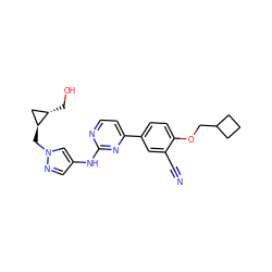 N#Cc1cc(-c2ccnc(Nc3cnn(C[C@H]4C[C@@H]4CO)c3)n2)ccc1OCC1CCC1 ZINC000146587863