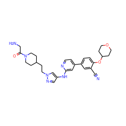 N#Cc1cc(-c2ccnc(Nc3cnn(CCC4CCN(C(=O)CN)CC4)c3)c2)ccc1OC1CCOCC1 ZINC000146532919