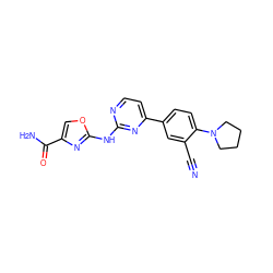 N#Cc1cc(-c2ccnc(Nc3nc(C(N)=O)co3)n2)ccc1N1CCCC1 ZINC000143422122