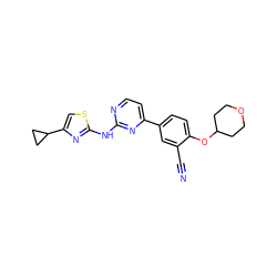 N#Cc1cc(-c2ccnc(Nc3nc(C4CC4)cs3)n2)ccc1OC1CCOCC1 ZINC000146494281