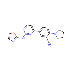 N#Cc1cc(-c2ccnc(Nc3ncco3)n2)ccc1N1CCCC1 ZINC000113826278