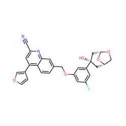 N#Cc1cc(-c2ccoc2)c2ccc(COc3cc(F)cc([C@]4(O)C[C@H]5CO[C@@H](C4)O5)c3)cc2n1 ZINC000028252854