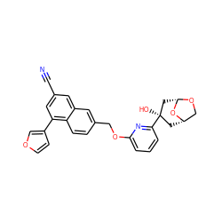 N#Cc1cc(-c2ccoc2)c2ccc(COc3cccc([C@]4(O)C[C@H]5CO[C@@H](C4)O5)n3)cc2c1 ZINC000013606264