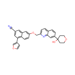 N#Cc1cc(-c2ccoc2)c2ccc(OCc3ccc4ccc(C5(O)CCOCC5)cc4n3)cc2c1 ZINC000013606260