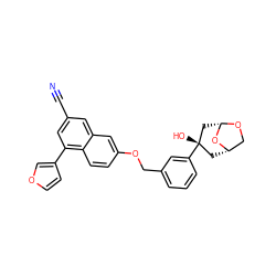 N#Cc1cc(-c2ccoc2)c2ccc(OCc3cccc([C@@]4(O)C[C@H]5CO[C@@H](C4)O5)c3)cc2c1 ZINC000000601883