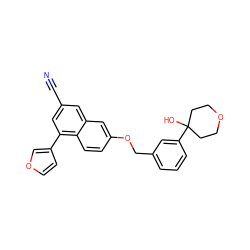 N#Cc1cc(-c2ccoc2)c2ccc(OCc3cccc(C4(O)CCOCC4)c3)cc2c1 ZINC000013606251