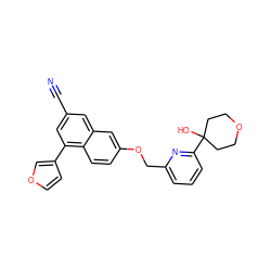 N#Cc1cc(-c2ccoc2)c2ccc(OCc3cccc(C4(O)CCOCC4)n3)cc2c1 ZINC000013606258