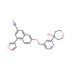 N#Cc1cc(-c2ccoc2)c2ccc(OCc3ccnc(C4(O)CCOCC4)c3)cc2c1 ZINC000013606256