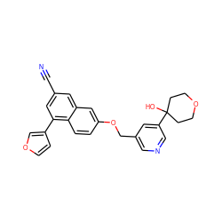 N#Cc1cc(-c2ccoc2)c2ccc(OCc3cncc(C4(O)CCOCC4)c3)cc2c1 ZINC000013606252