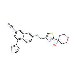 N#Cc1cc(-c2ccoc2)c2ccc(OCc3csc(C4(O)CCOCC4)n3)cc2c1 ZINC000013606262