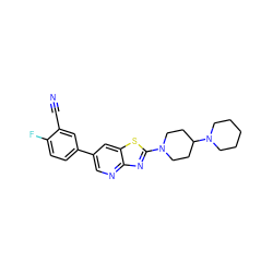 N#Cc1cc(-c2cnc3nc(N4CCC(N5CCCCC5)CC4)sc3c2)ccc1F ZINC000045319576