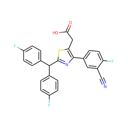 N#Cc1cc(-c2nc(C(c3ccc(F)cc3)c3ccc(F)cc3)sc2CC(=O)O)ccc1F ZINC000045388801