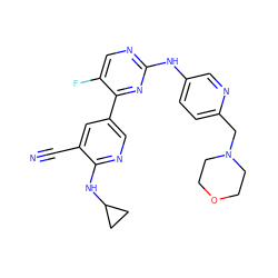 N#Cc1cc(-c2nc(Nc3ccc(CN4CCOCC4)nc3)ncc2F)cnc1NC1CC1 ZINC000221190136