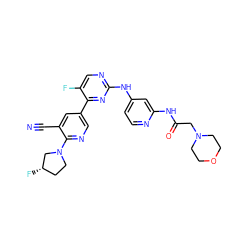 N#Cc1cc(-c2nc(Nc3ccnc(NC(=O)CN4CCOCC4)c3)ncc2F)cnc1N1CC[C@H](F)C1 ZINC000221113571