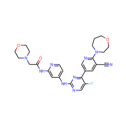 N#Cc1cc(-c2nc(Nc3ccnc(NC(=O)CN4CCOCC4)c3)ncc2F)cnc1N1CCCOCC1 ZINC000221086211