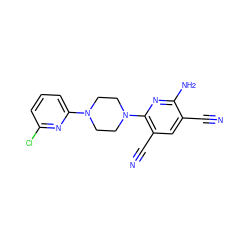 N#Cc1cc(C#N)c(N2CCN(c3cccc(Cl)n3)CC2)nc1N ZINC000020246975