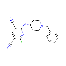 N#Cc1cc(C#N)c(NC2CCN(Cc3ccccc3)CC2)nc1Cl ZINC000096913138