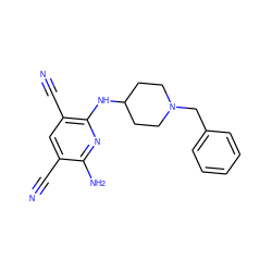 N#Cc1cc(C#N)c(NC2CCN(Cc3ccccc3)CC2)nc1N ZINC000084741004